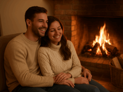 a couple by the fireplace in Beaufort, SC